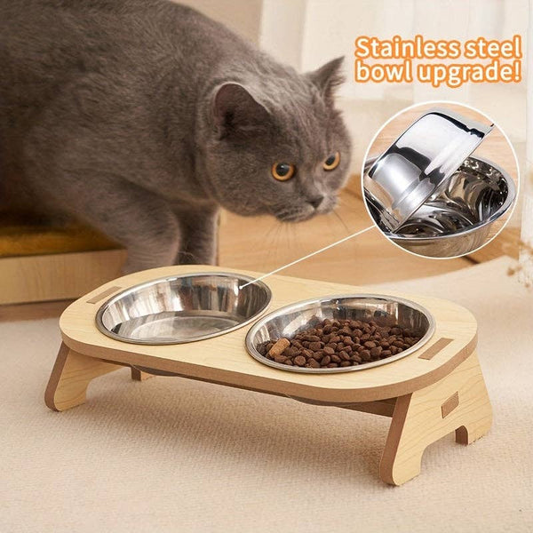 DIYSTORE - 1 Set Elevated Cat Feeding Station - Stainless Steel Bowls, Solid Wood Stand, Raised Food & Water Dishes for Cats, No Battery Required, Durable & Easy-to-Clean