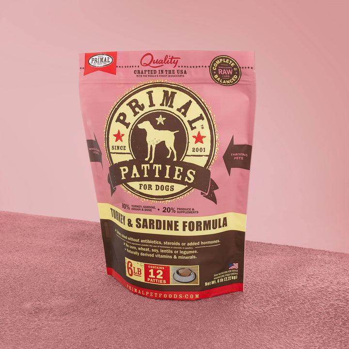 Primal Frozen Raw Turkey & Sardine Patties 6 Lbs Formula Dog | Kanu Pet