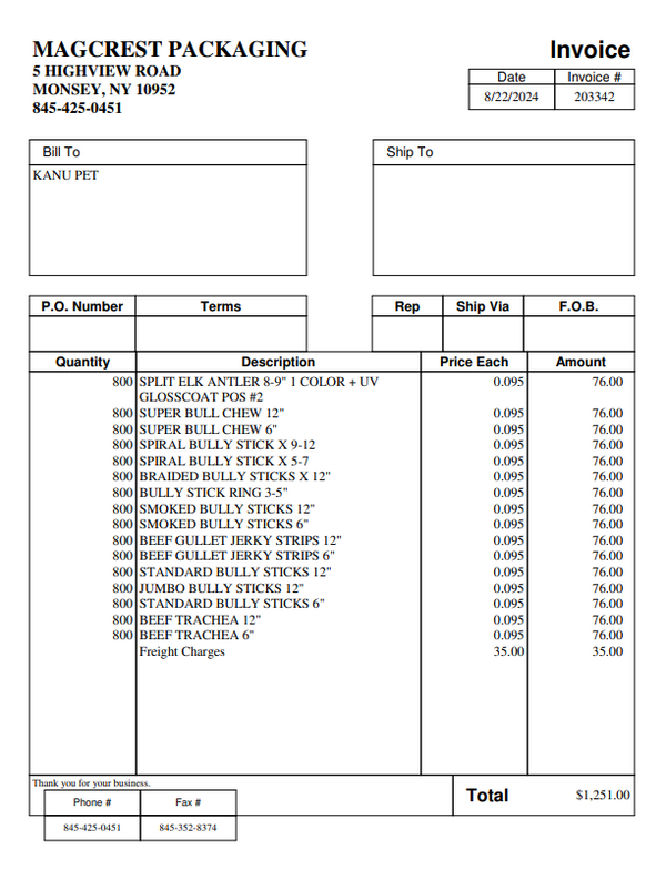 MAGCREST PACKAGING - INVOICE #203342