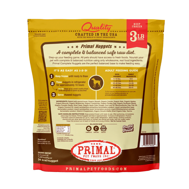 Primal Frozen Raw Rabbit Formula Dog Nuggets 3 Lbs | Kanu Pet