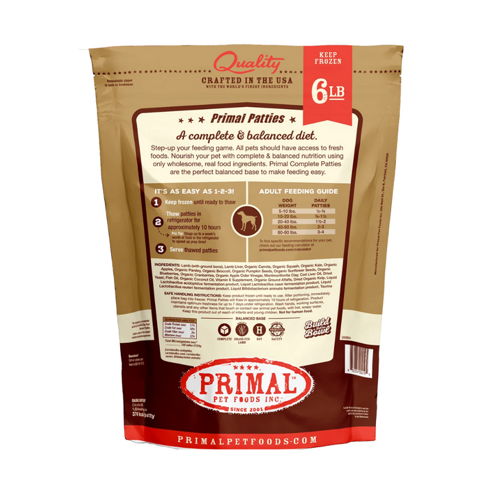 Primal Frozen Raw Lamb Patties 6 Lbs Formula Dog | Kanu Pet