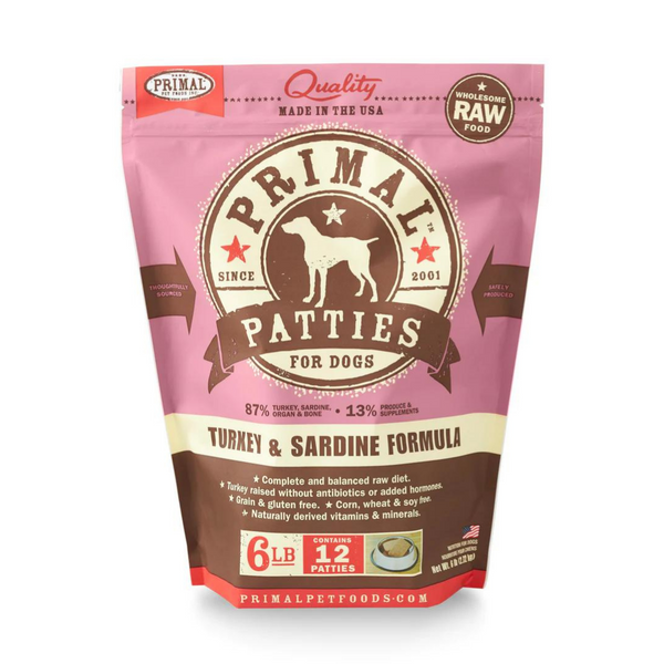 Primal Frozen Raw Turkey & Sardine Patties 6 Lbs Formula Dog | Kanu Pet