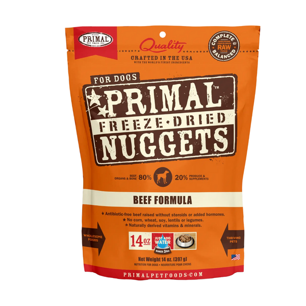 Primal™ Freeze Dried Raw Beef Formula Dog Nuggets | Kanu Petd be stored in a cool, dry place.  Once rehydrated, keep refrigerated and feed within 5 days for optimum freshness.