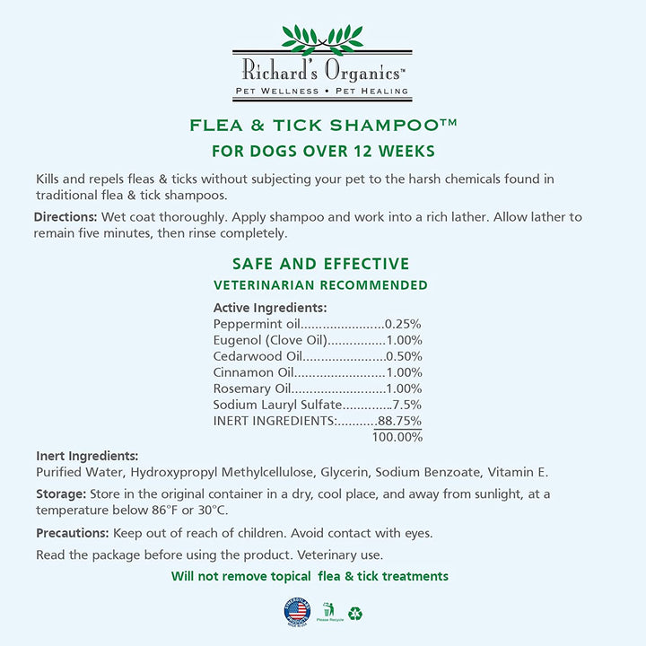 Synergy Labs® Richard’s Organics™ Flea & Tick Shampoo™ with 5 All Natural Essential Oils Over 6 Weeks for Dog, 12 Oz